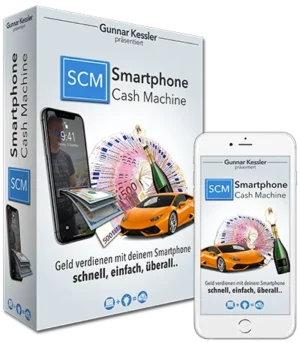 Smartphone Cash Machine von Gunnar Kessler – Produktverpackung mit orangem Sportwagen und Geldscheinen, daneben Smartphone-Mo