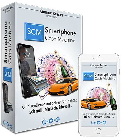 Smartphone Cash Machine von Gunnar Kessler – Produktverpackung mit orangem Sportwagen und Geldscheinen, daneben Smartphone-Mo