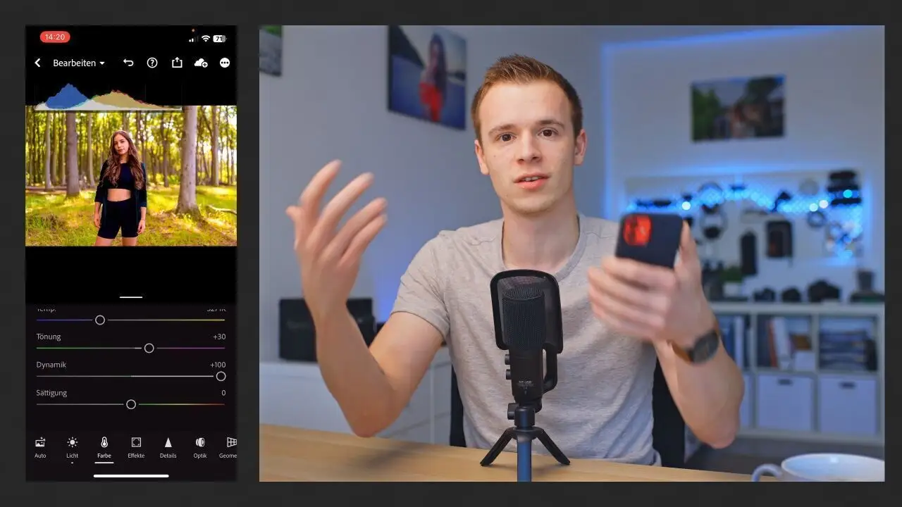 Matthias Butz erklärt Bildbearbeitung mit Smartphone und Mikrofon, Bearbeitungs-App auf Bildschirm
