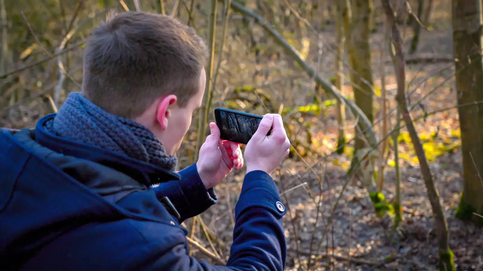 Kind in blauem Rucksack fotografiert Herbstwald mit Smartphone, Nahaufnahme von hinten