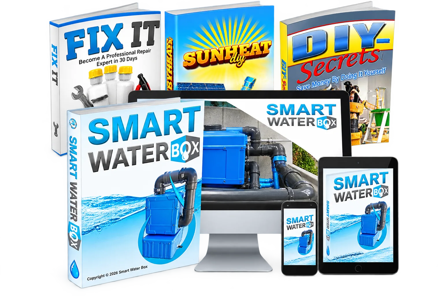 SmartWaterBox Produktpaket mit DVD-Boxen, Monitor, Tablet und Smartphone-Mockups