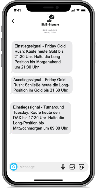 SMS-Signale – Börsenbrief-Abo für Trading 1 SMS-Signale Messenger-Chat mit Handelssignalen für Friday Gold und Turnaround, Einstiegs- und Ausstiegssignale mit Uhrzeiten