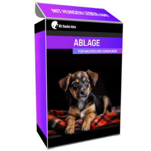 Produktbox mit Aufschrift „ABLAGE FÜR WELPEN UND JUNGHUNDE