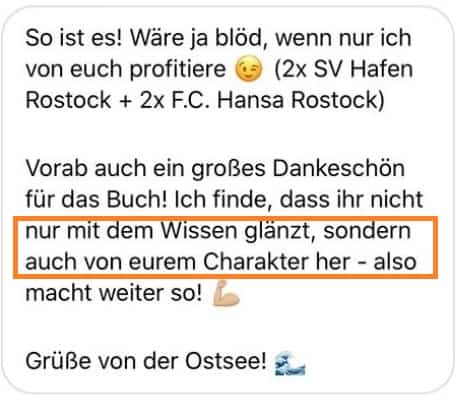 Kundenstimme zum Soccerkinetics Buch mit Feedback zu Charakter und Wissen