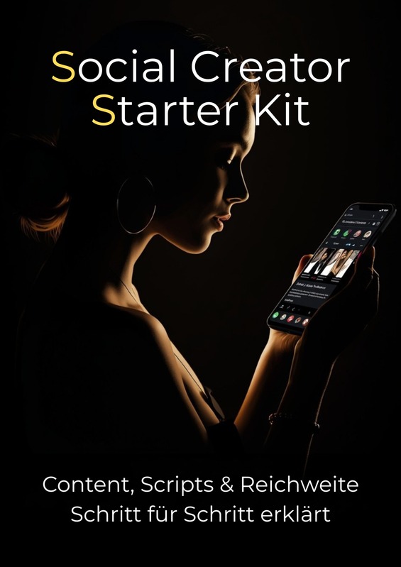 Social Creator Starter Kit Cover mit Frau und Smartphone auf schwarzem Hintergrund
