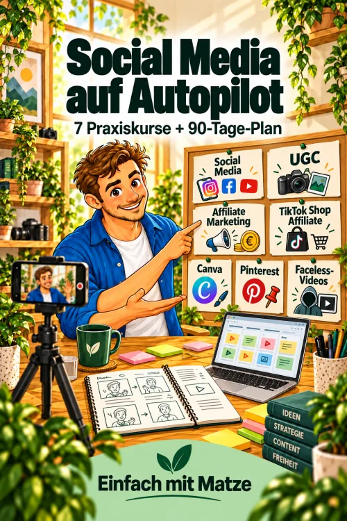 Social Media auf Autopilot – 7 Praxiskurse + 90-Tage-Plan Bundle Cover mit Matze und Kursthemen