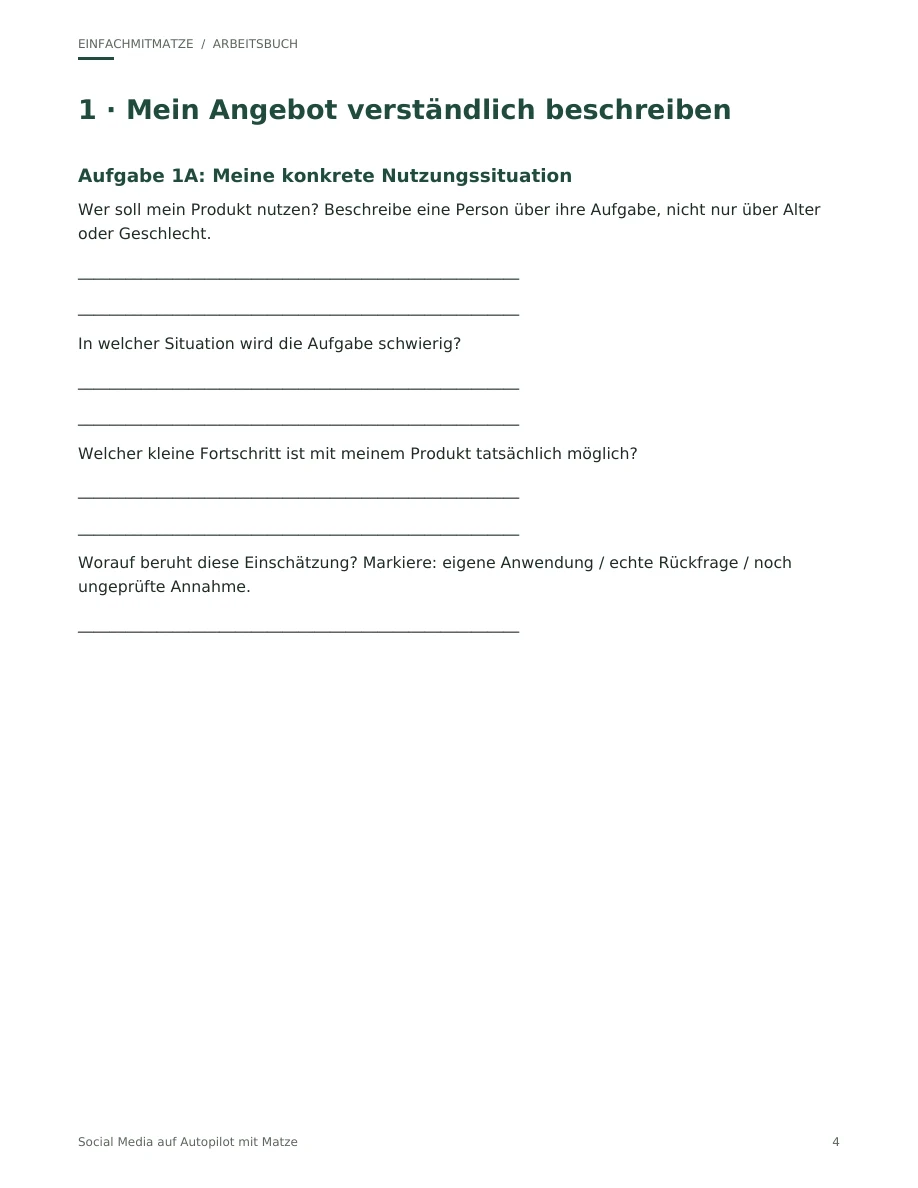 Arbeitsbuch-Seite mit Aufgabe 1A zum Beschreiben des Angebots und der Nutzungssituation