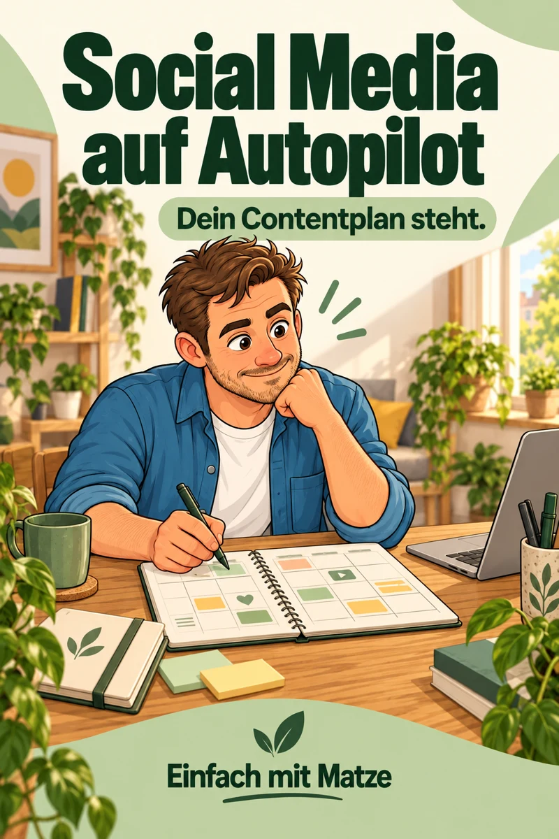 Cover Social Media auf Autopilot mit Matze, Mann am Schreibtisch mit Contentplan