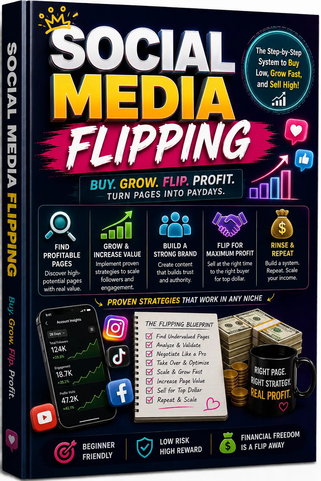 Social Media Flipping – E-Book zu Instagram-Seitenhandel 1 Social Media Flipping Buch-Cover mit gelber Krone, Haupttitel in Weiß und Pink, Untertitel „Buy. Grow. Flip. Profit. Turn Pag