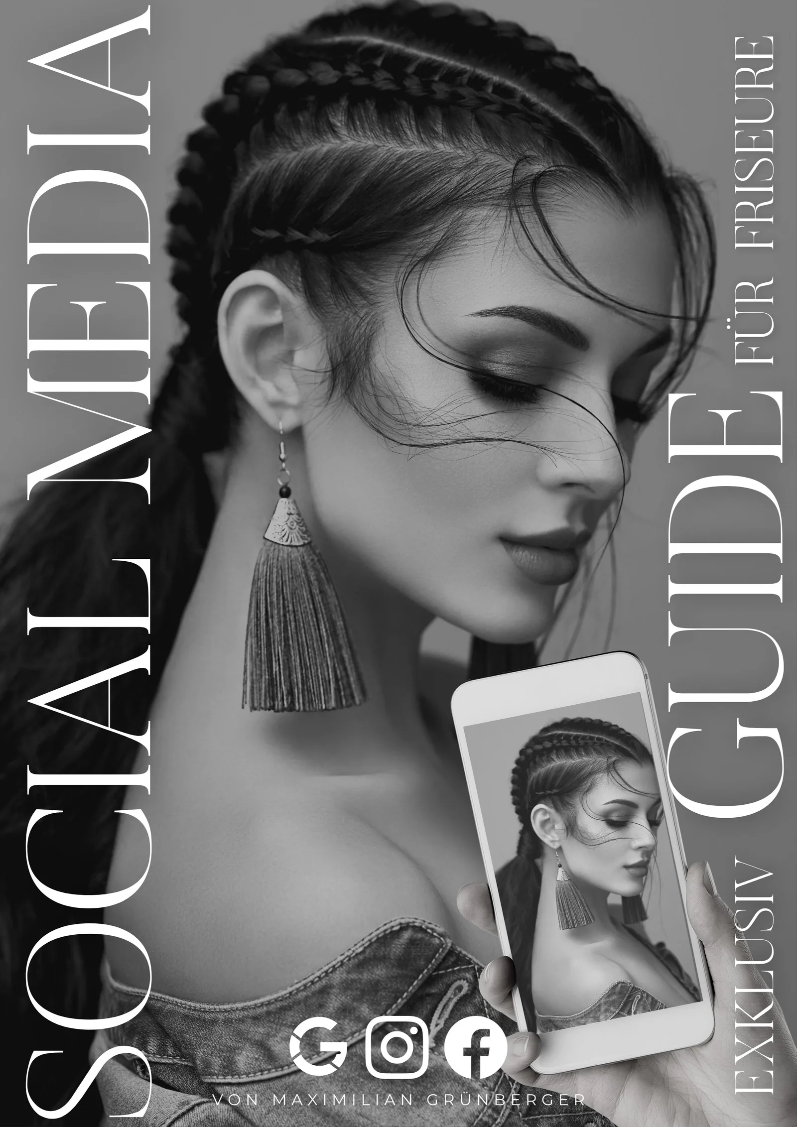 Social Media Guide Cover für Friseure von Maximilian Grünberger mit Frau in Profilansicht und Smartphone-Mockup