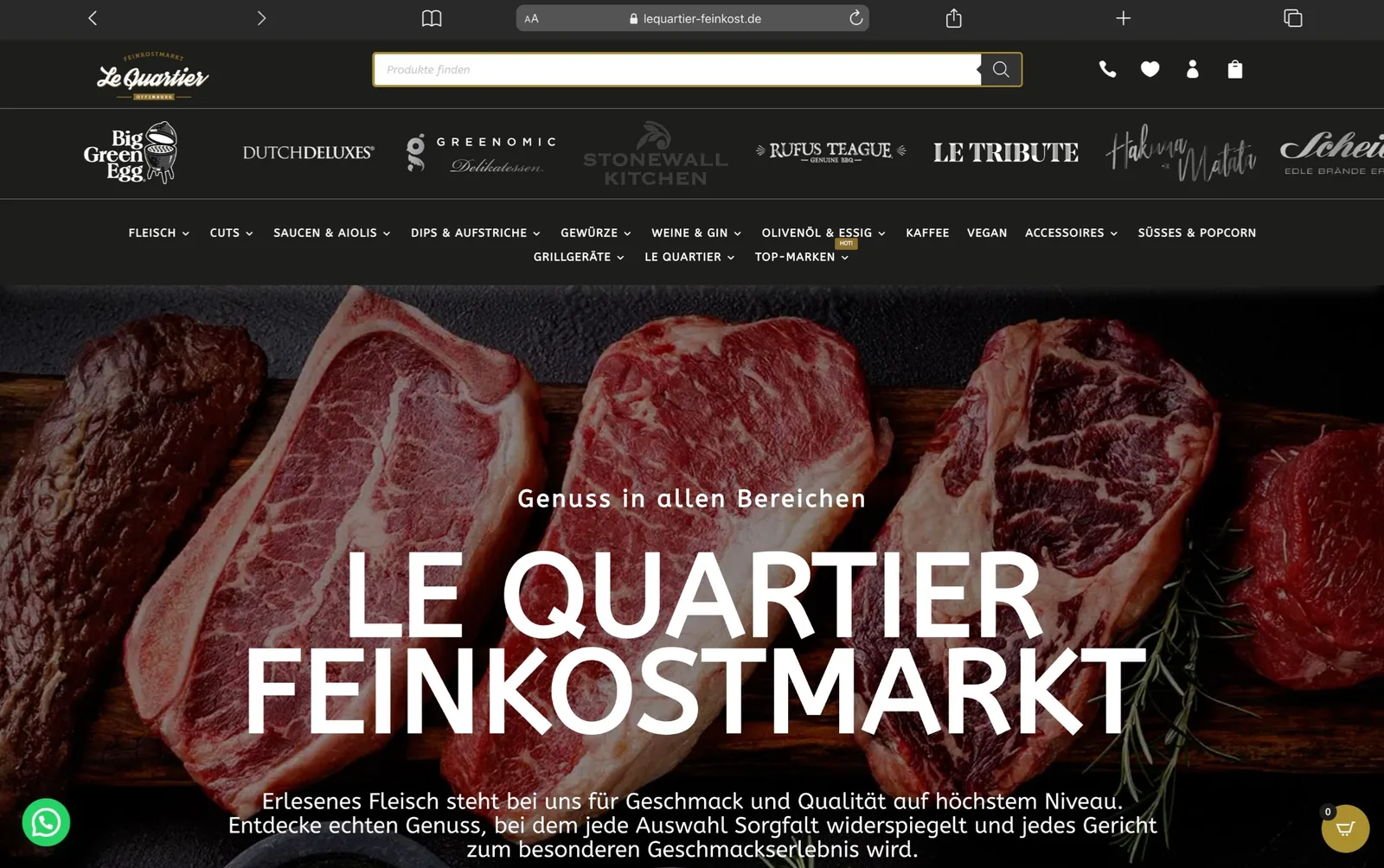 Le Quartier Feinkostmarkt Website mit Premium-Fleisch-Produkten und Markenpartner-Logos