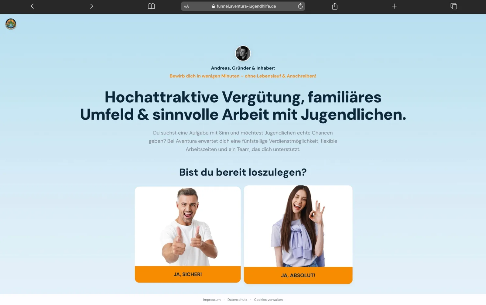 Aventura Jugendhilfe Website Screenshot mit Recruiting-Kampagne und Call-to-Action Buttons