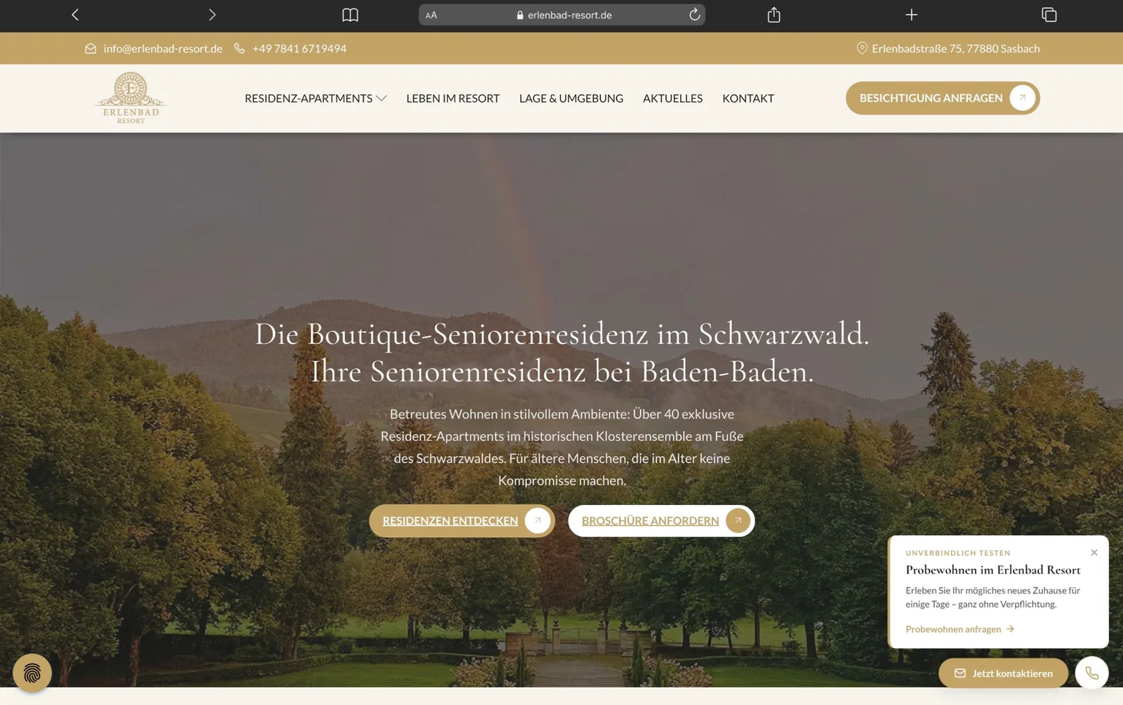 Erlenbad Resort Website Screenshot mit Seniorenresidenz Hero-Section und Navigationsmenü