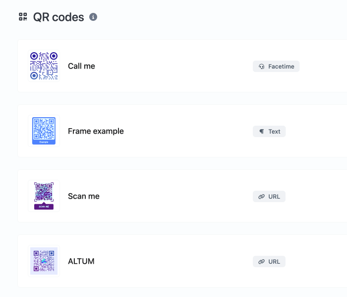 QR-Codes-Verwaltungsoberfläche mit vier Beispiel-QR-Codes: Call me (Facetime), Frame example (Text), Scan me (URL) und ALTUM