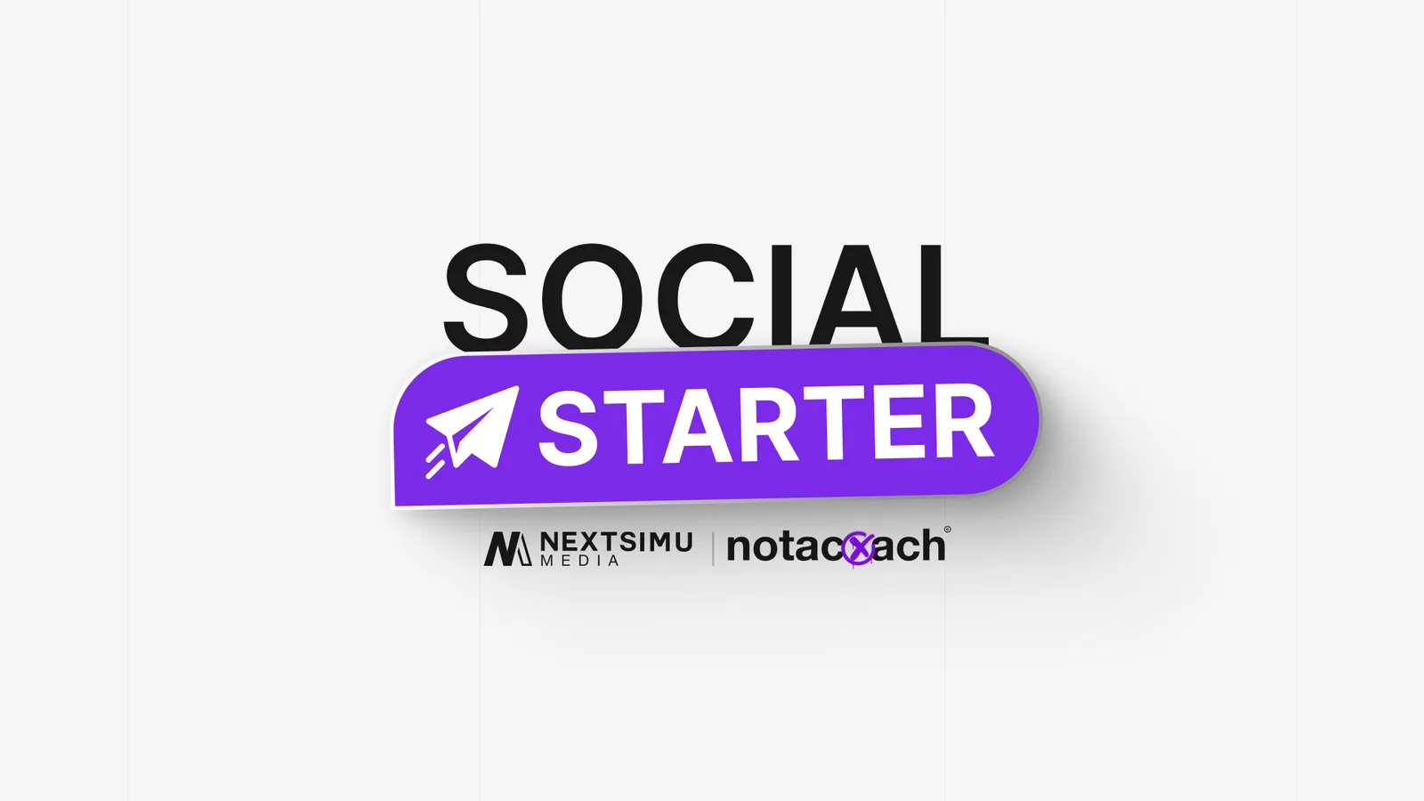 Social Starter Logo mit lila Schriftzug und Papierflieger-Icon, nextsimu media und notacxach Branding