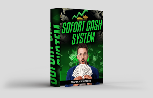 3D-Mockup einer Box des Sofort Cash System Kurses von Moneycashnow mit grünen Pfeilen und Mann mit Geldscheinen