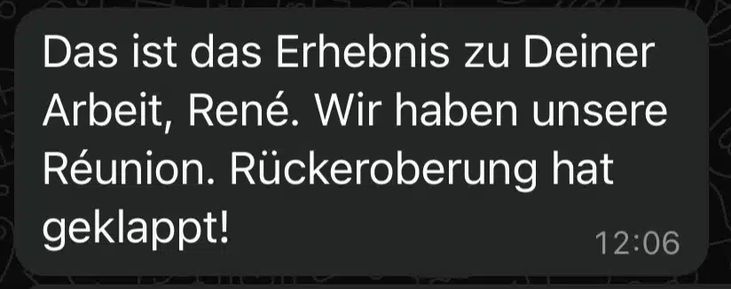 Chat-Nachricht über erfolgreiche Wiedervereinigung und Rückeroberung