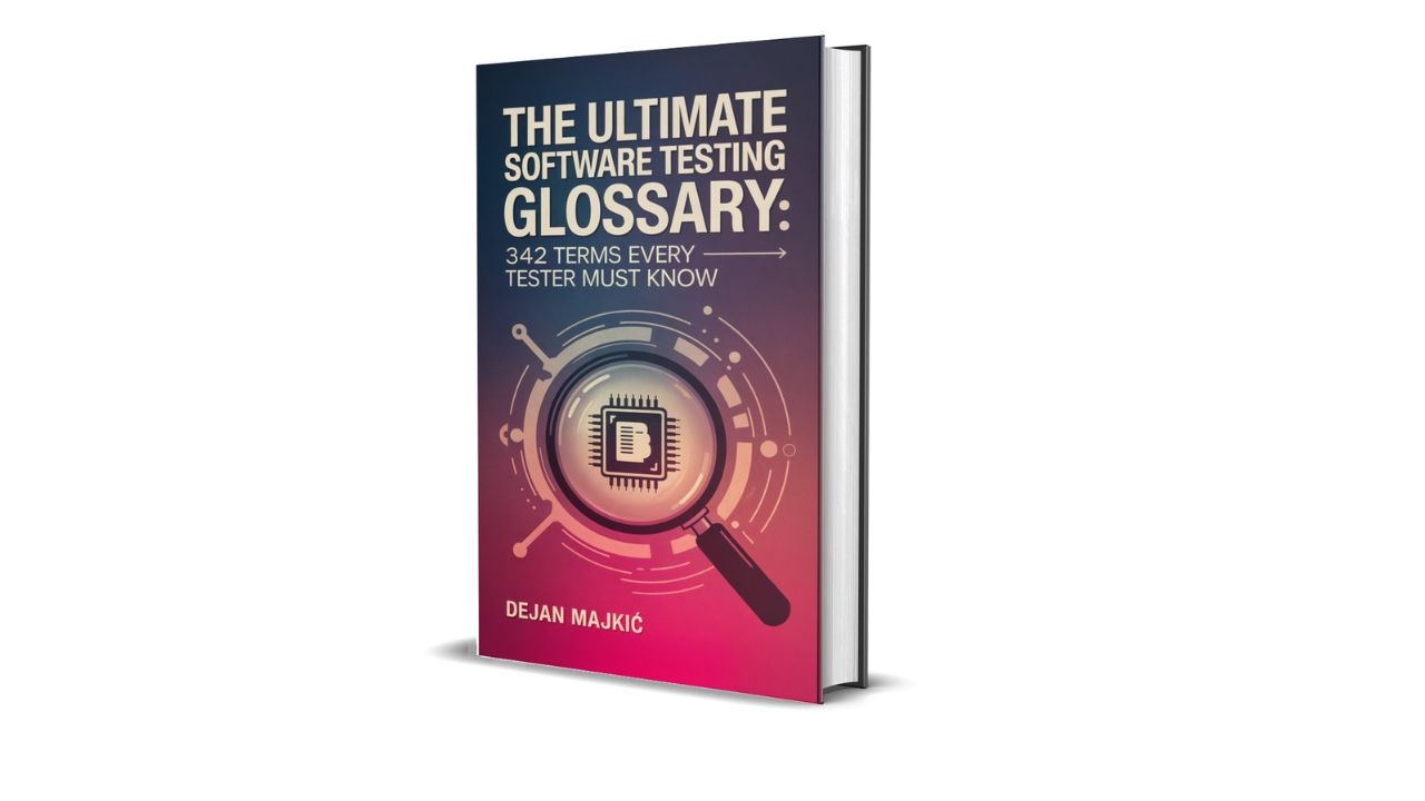 The Ultimate Software Testing Glossary eBook-Cover mit 342 Begriffen, Chip-Symbol in Lupe, pink-rote Farbverlauf, Autor Dejan