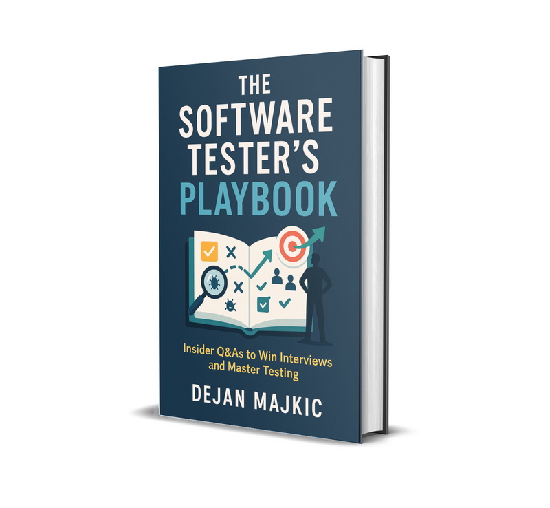 The Software Tester's Playbook eBook-Cover, offenes Buch mit Test-Icons und Zielscheibe, dunkelblauer Hintergrund, Untertitel
