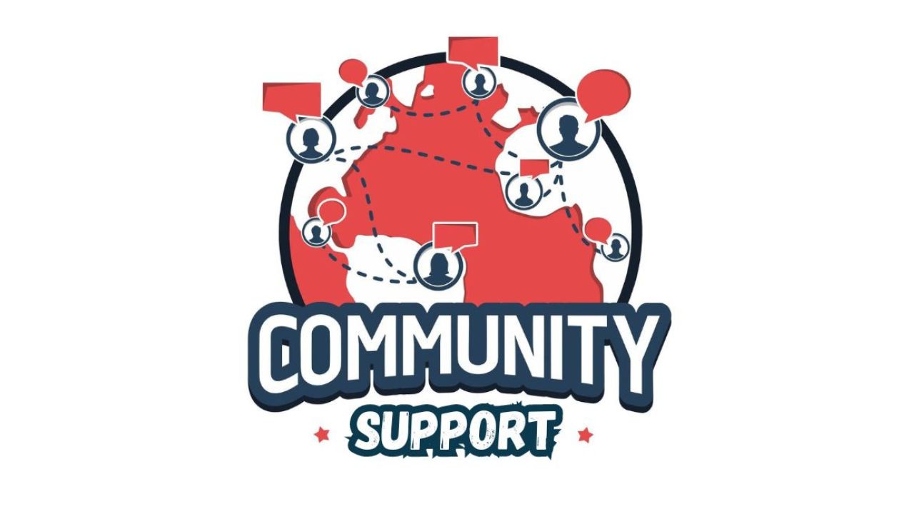 Community Support Grafik mit Weltkarte in Rot, verbundenen Benutzersymbolen, Netzwerk-Illustration, 'COMMUNITY SUPPORT' Text