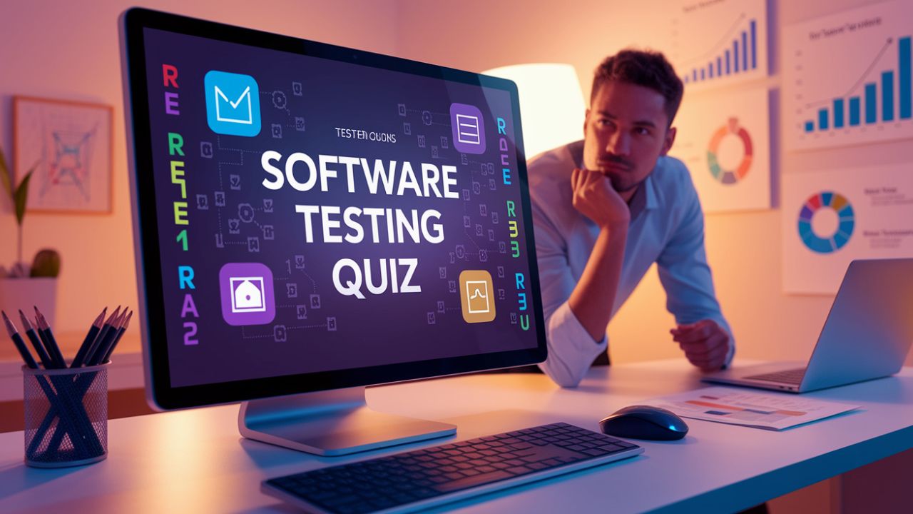 Software Testing Quiz Plattform mit Mann am Schreibtisch vor Monitor, farbenfrohe Quiz-Interface mit Icons, warmes Licht-Szen