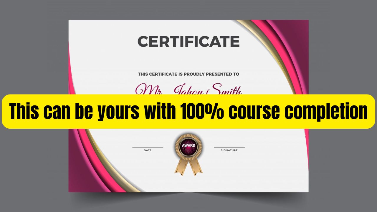 Certificate of Achievement mit elegantem Design, pink-goldenem Farbverlauf, Medaille und Banner, 'This can be yours with 100%