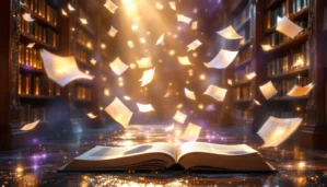 Offenes Buch mit leuchtenden Seiten in einer Bibliothek mit schwebenden Buchseiten und goldgelbem Licht