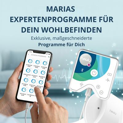 SOLF – Audioprogramm mit Heilfrequenzen von Maria Langmayr 4 Smartphone und Healy-Gerät mit App-Oberfläche, Wellness-Grafik und Waveform