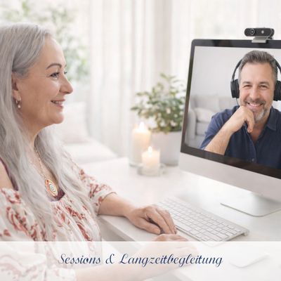 SOLF – Audioprogramm mit Heilfrequenzen von Maria Langmayr 5 Maria Langmayr in Video-Call mit Mann auf Bildschirm sichtbar, helles Büro-Setting