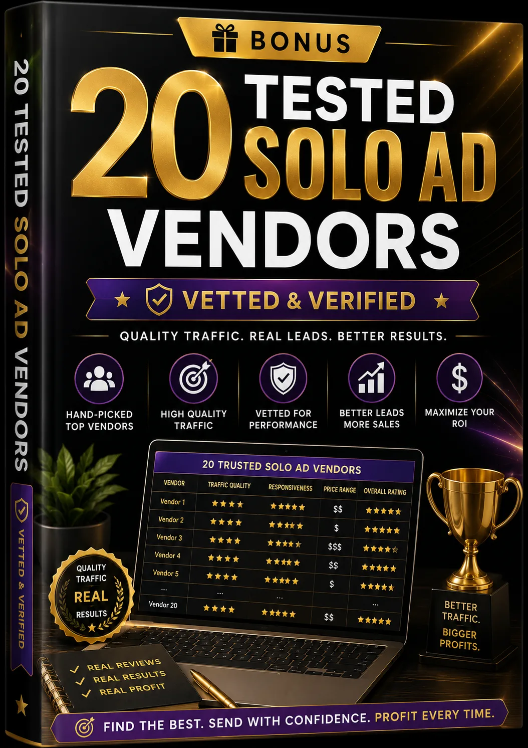 Bonus-Cover mit 20 getesteten Solo Ad Vendors, Tabelle mit Bewertungen und goldenem Pokal