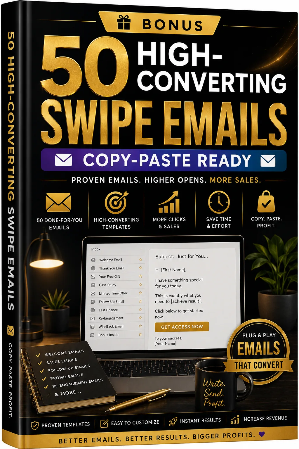 Bonus-Cover mit 50 hochkonvertierenden Swipe Emails, Laptop-Bildschirm mit Email-Beispiel