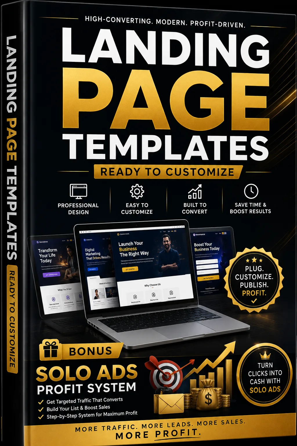 Bonus-Cover Landing Page Templates mit Laptop-Mockups und Goldmedaille