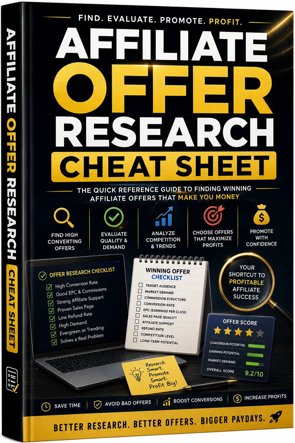 Affiliate Offer Research Cheat Sheet Cover mit Checkliste und Lupe-Symbol