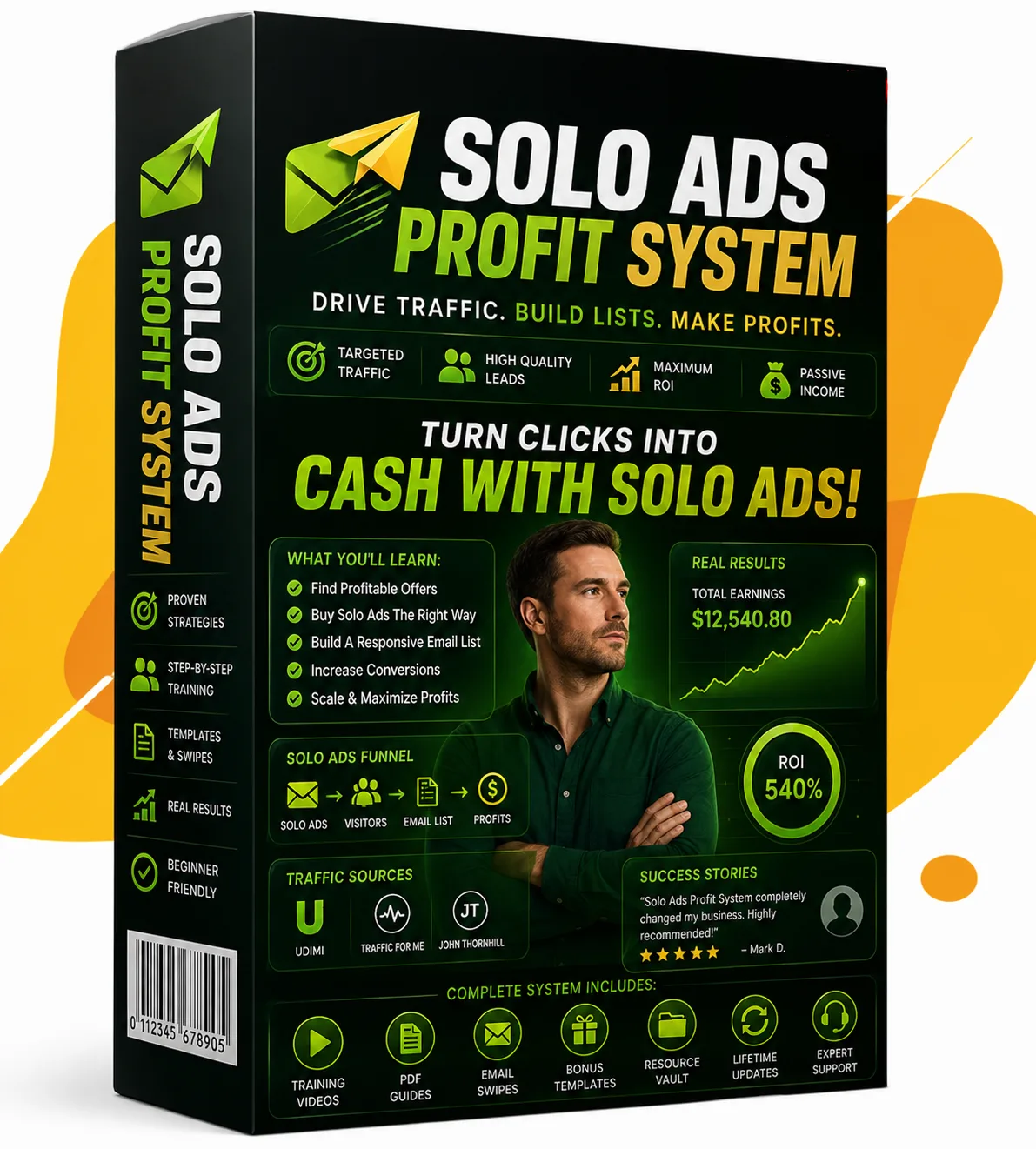 Solo Ads Profit System Produktbox mit grünem Pfeil-Logo, schwarzem Hintergrund und gelben Akzenten