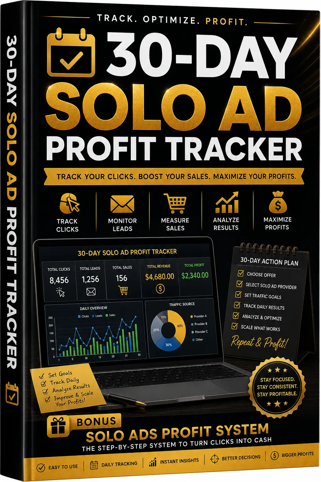 30-Day Solo Ad Profit Tracker Cover mit Dashboard-Mockup und Gewinn-Statistiken