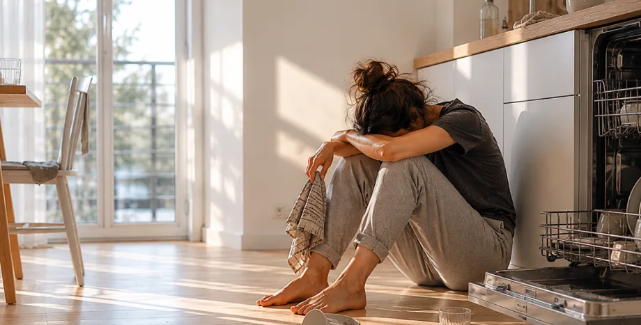 Frau sitzt niedergeschlagen auf Küchenboden, ME/CFS-Recovery-Thema