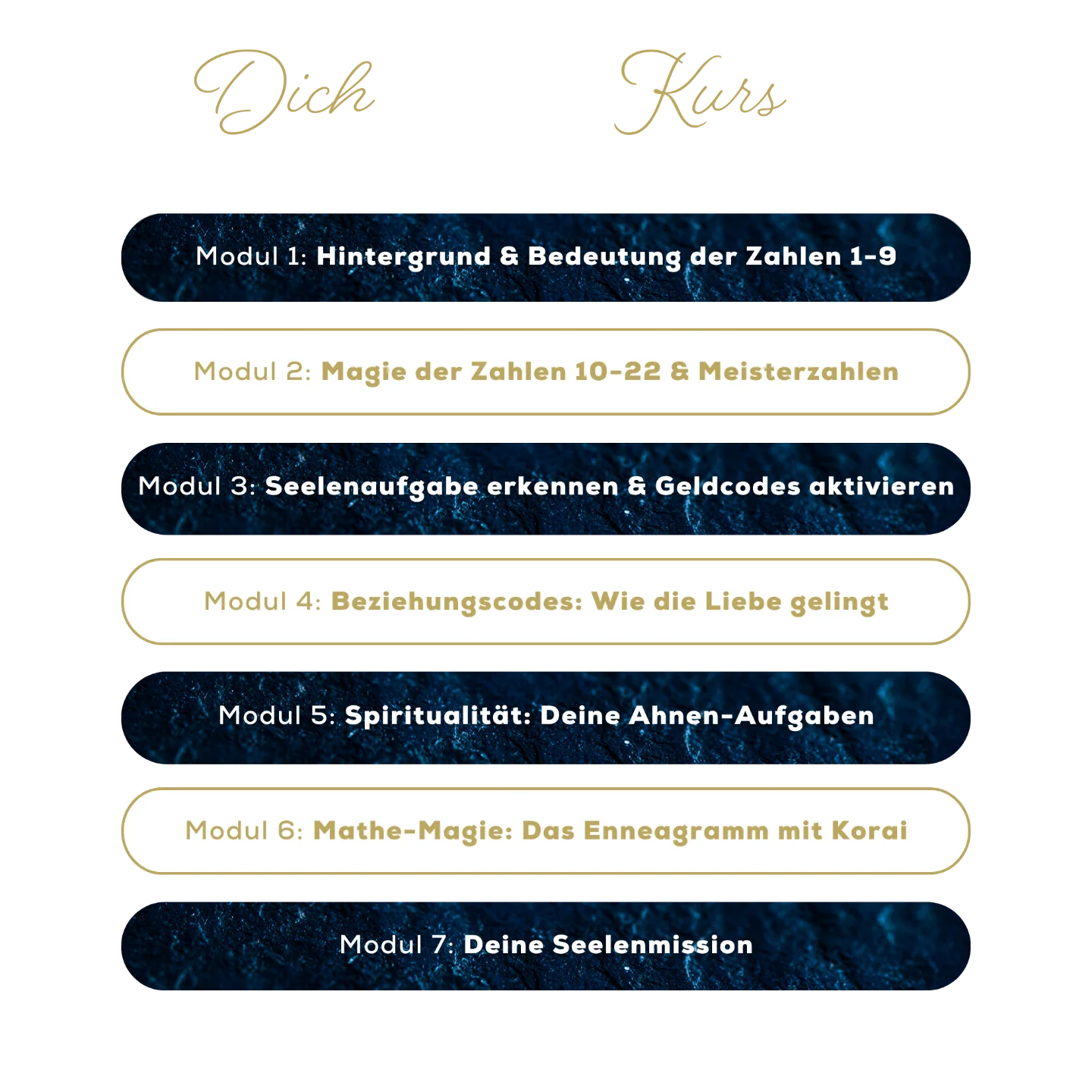 Modulübersicht Soul Codes Kurs mit 7 Modulen in gold und dunkelblau