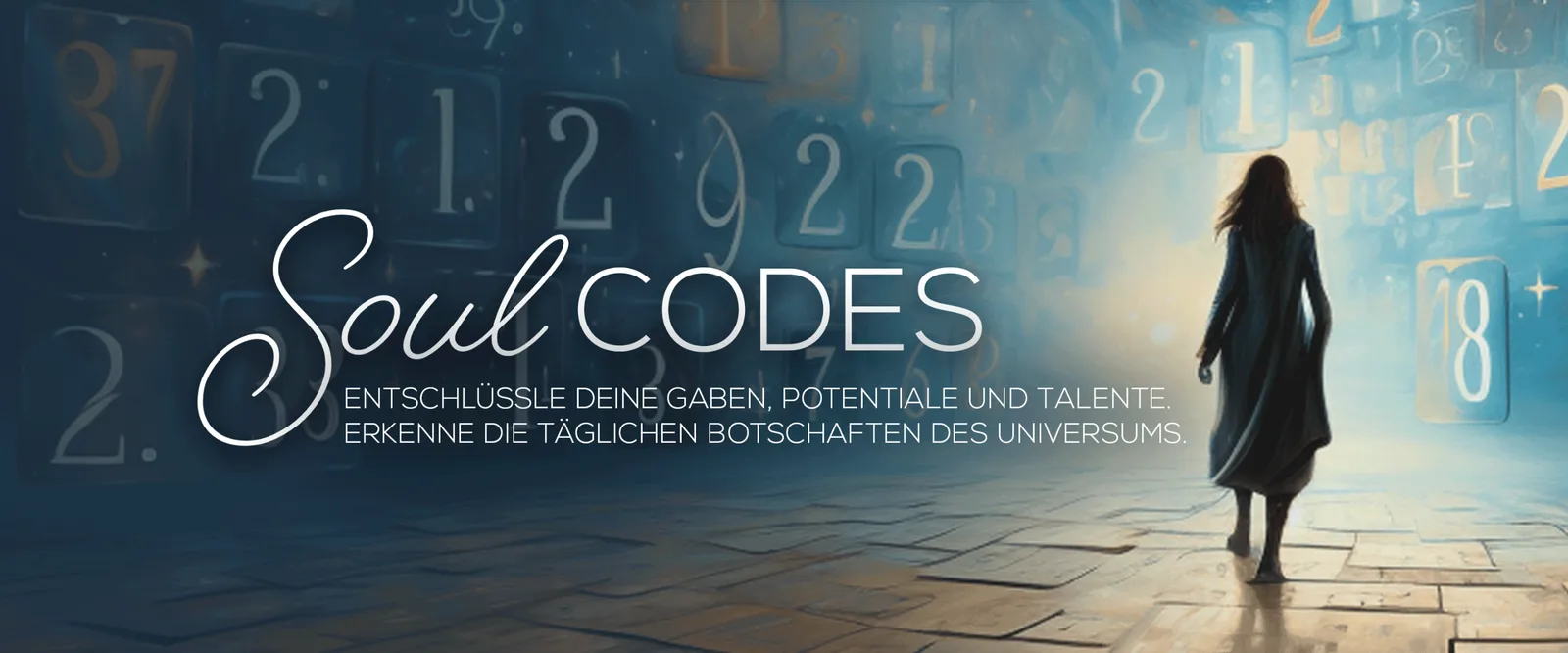 Soul Codes Hero-Banner mit Frau in dunklem Mantel vor numerischem Hintergrund, Schriftzug und deutschem Slogan