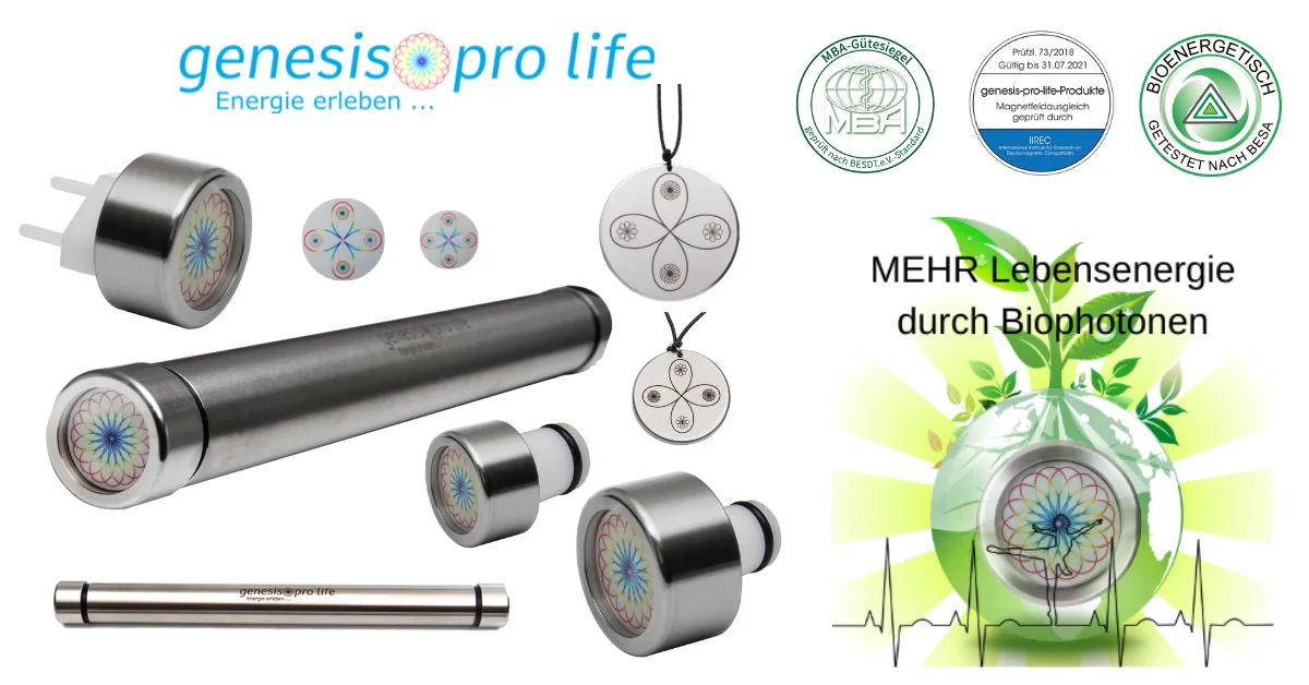 genesis pro life Energie-Produkte: Stab, Anhänger und Zylinder mit Blüten-Mandalas und Zertifikate, Slogan MEHR Lebensenergie