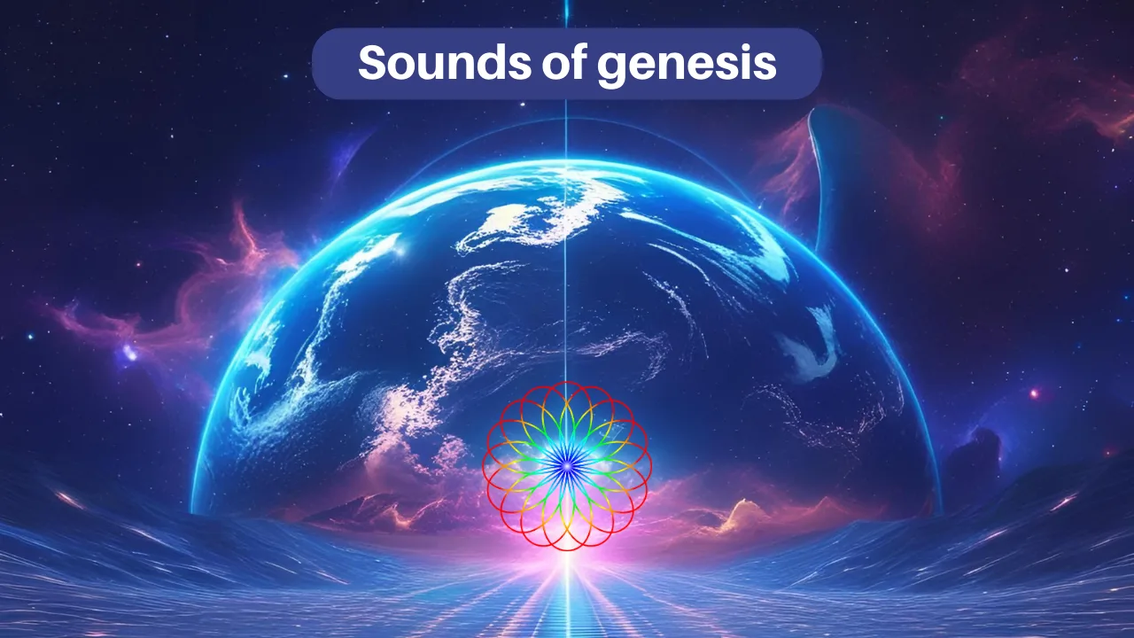 Erde im Weltall mit Mandala-Symbol und Text Sounds of genesis, kosmischer Hintergrund mit Strahlen