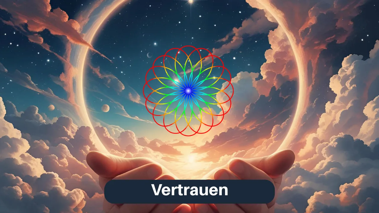 Himmelsszene mit leuchtenden Händen und Mandala-Symbol, Text Vertrauen, goldene Lichtstrahlen