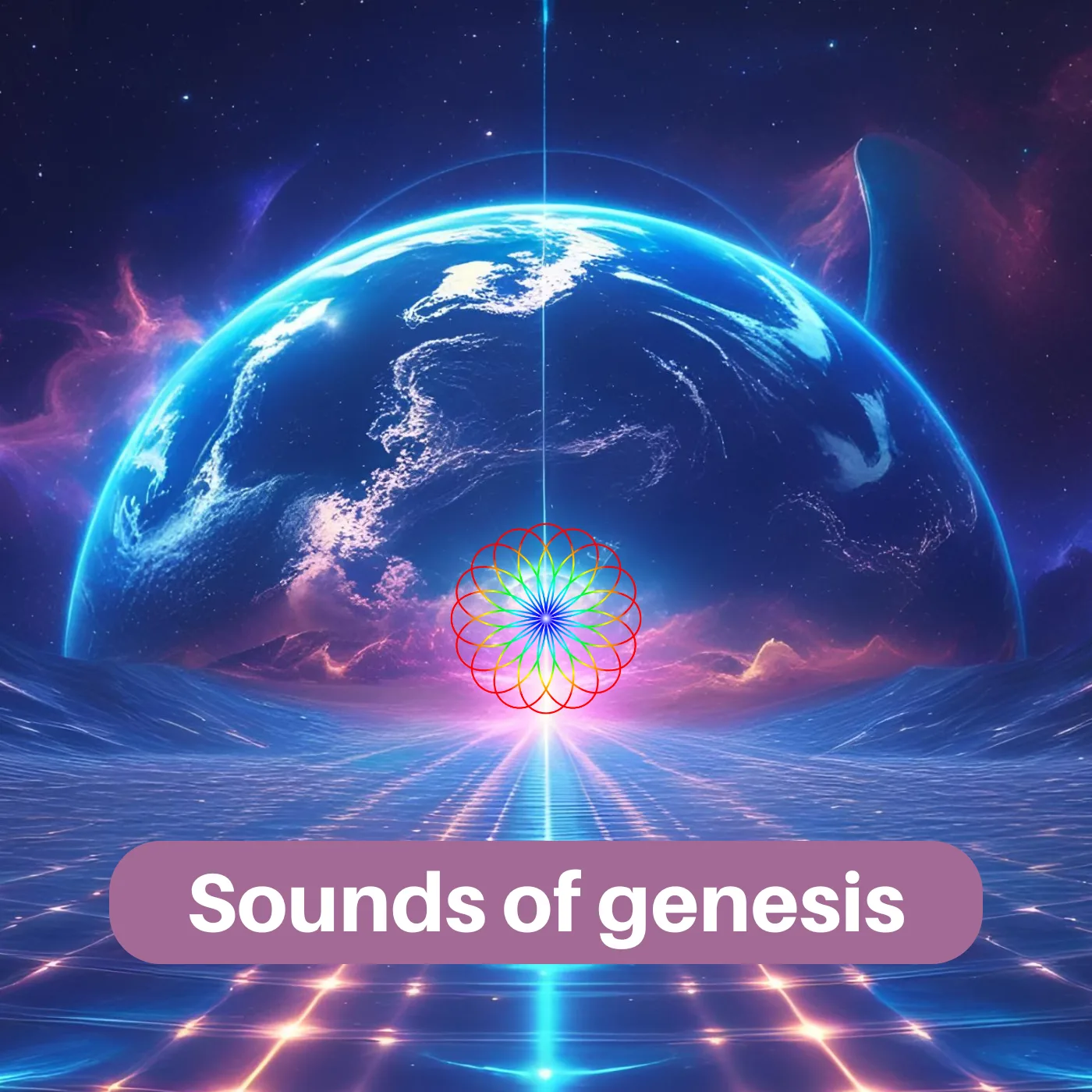 Album-Cover Sounds of genesis mit leuchtender Erde, kosmischem Hintergrund und geometrischem Mandala-Symbol