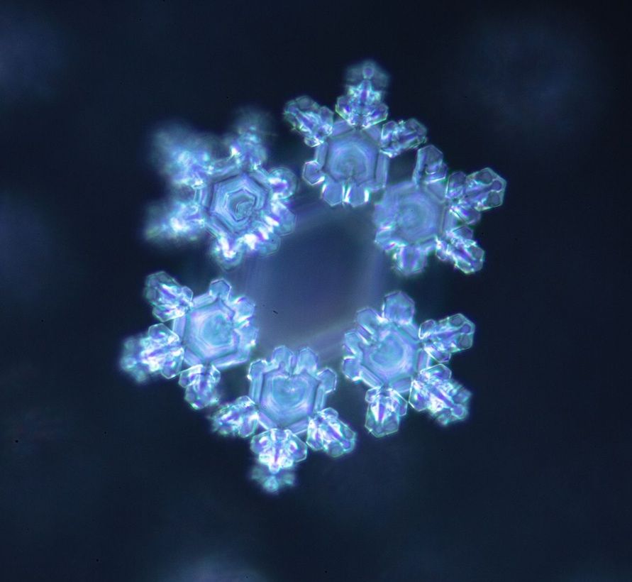 Glühende blaue Eiskristalle in symmetrischer Schneeflocken-Formation vor dunklem Hintergrund