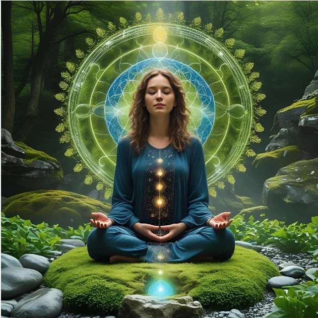 Frau meditiert im Lotussitz mit leuchtenden geometrischen Mustern und Chakra-Symbolen in mystischer Waldkulisse