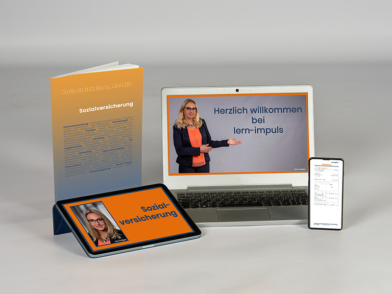 Sozialversicherung – Videokurs zur Personalverrechnung 1 Produktbundle Sozialversicherung zeigt Buch, Tablet, Laptop und Smartphone mit Videokurs