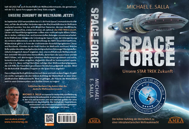 Space Force – E-Book zur Militärraumfahrt von Michael E. Salla 4 Space Force Buch mit aufgeschlagenen Seiten und Rückenansicht