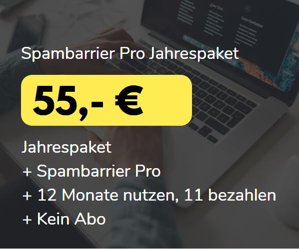 Spambarrier Pro Jahrespaket für 55 Euro mit Laptop im Hintergrund