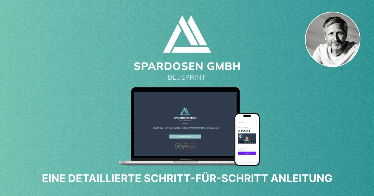 Video Blueprint von Spardosen GmbH mit Laptop- und Smartphone-Mockup, Unternehmenslogo und Porträt des Gründers auf türkisem