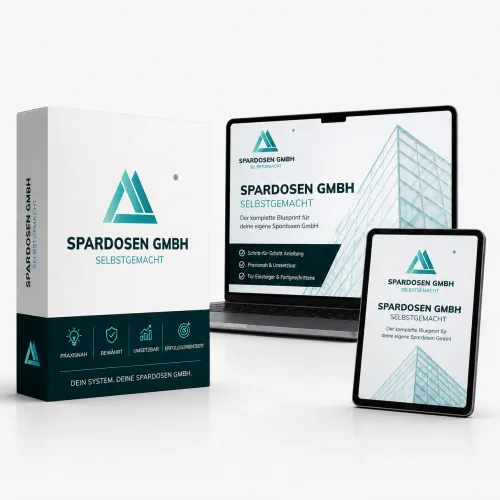 Spardosen GmbH selbstgemacht Produktbox mit Laptop-, Tablet- und Smartphone-Displays, zeigt Kursplattform und professionelle