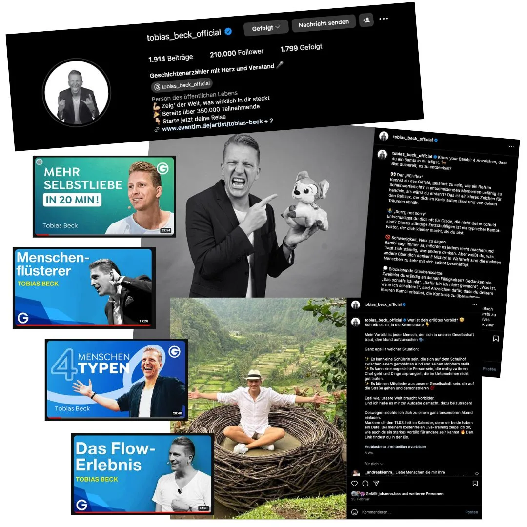 Instagram-Profil von Tobias Beck mit 210.000 Followern, Videokurs-Thumbnails und Inhalten zum Thema Selbstliebe und Persönlic